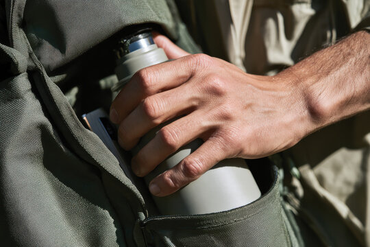 A hand carefully places a bottle into an olive green backpack, symbolizing adventure, preparedness, and the spirit of exploration in outdoor settings.