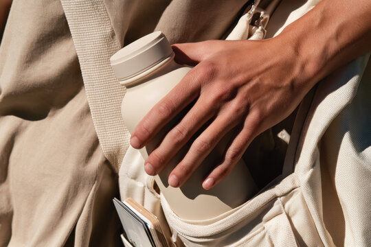 A serene moment captured as a hand grips a cream-colored bottle while nestled in a light canvas bag, reflecting simplicity and sustainable living.