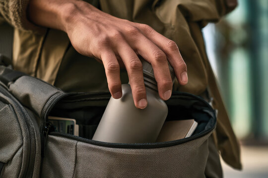 A hand reaches into a backpack, grabbing a sleek gray bottle, symbolizing readiness, functionality, and the essence of modern exploration in everyday life.