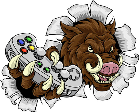 A wild boar, hog razorback warthog pig gamer sports video game gaming mascot holding a games controller