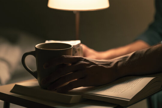 A captivating shot of a hand gripping a coffee mug, flipping through the pages of a book, caught in a moment of concentration and introspection under soft lamplight.