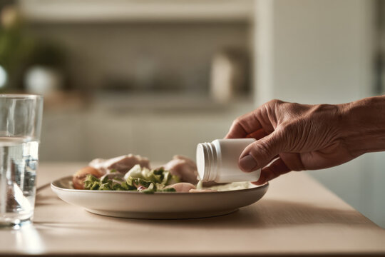 A close-up of a green salad being drizzled with dressing, capturing a moment of healthy eating, paired with refreshing water and a balanced meal.
