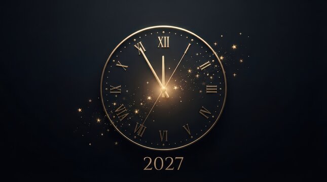 Happy New Year Minimalist black and gold 2027 clock design with magical dust particles on dark background for sophisticated holiday greeting 2027