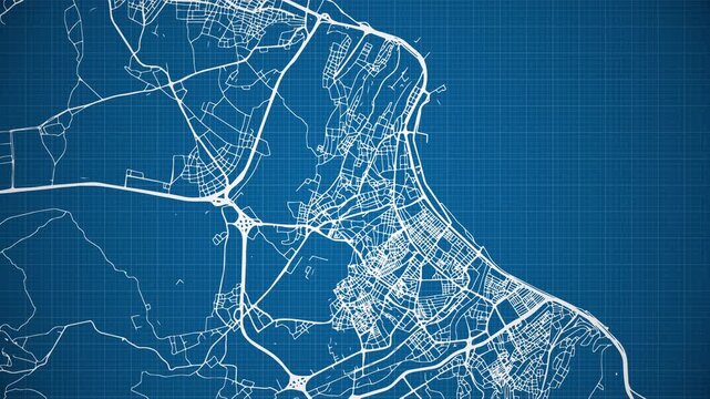 Ink reveal animation of Samsun city, Turkey (T&uuml;rkiye), grid map. Aerial top view. Blueprint style. White lines with blue background. 4K Seamless loop.