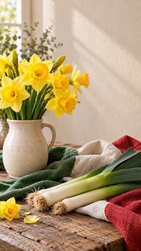 Fresh Yellow Daffodils in Ceramic Pitcher Vase with Green Leeks and Welsh Flag Blanket on Wooden Table for St Davids Day Celebration National Day of Wales Background with Copy Space