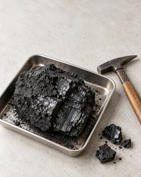 Raw coal chunk in stainless steel tray with hammer on table