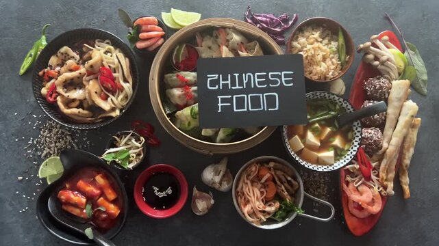 Assorted Chinese dishes served in bowls on a dark background. Top view.