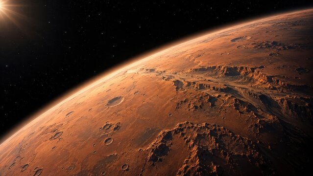 Red planet Mars landscape with rocky terrain and bright sun rising