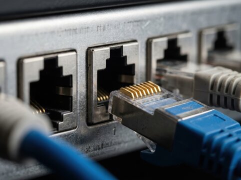 network patch panel port macro Ethernet cable plugged into network switch port close-up view