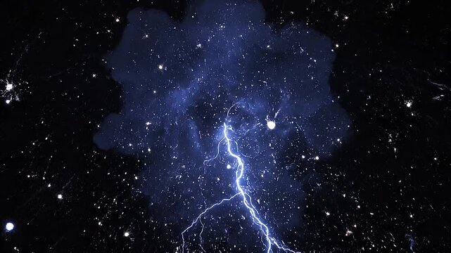 Dramatic blue lightning bolt striking through a massive cosmic nebula in a starry night sky creating a powerful electrical energy explosion