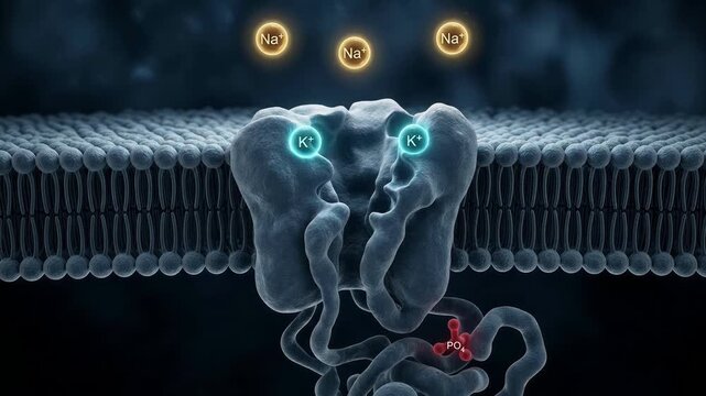 Sodium-potassium pump mechanism in cell membrane transporting sodium and potassium ions with ATP phosphate energy. Representing cellular biology, active transport, and biochemistry.