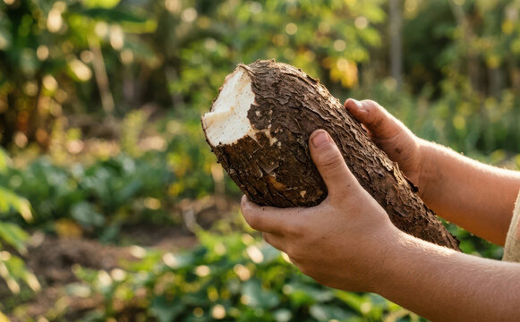 A farmer holding a freshly harvested raw cassava root tuber in hand outdoors on a farm field agricultural background showing organic agriculture