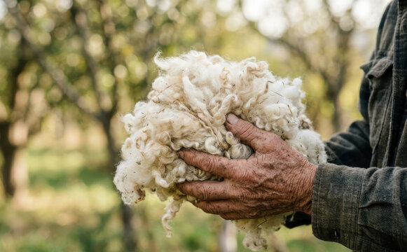 Farmer holding freshly shorn raw sheep wool in hands outdoors representing sustainable agriculture livestock farming and natural textile material production