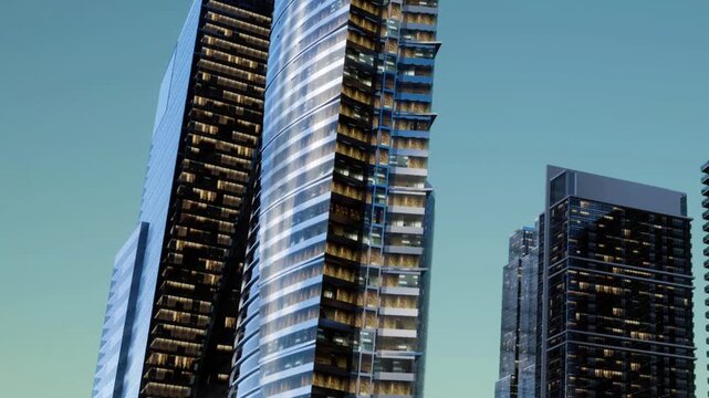 Tall modern skyscrapers rise into a clear blue sky, featuring glowing windows and unique architectural shapes in an urban setting during daylight.