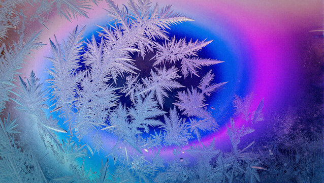 Colorful blue and purple ice crystals with intricate frost patterns