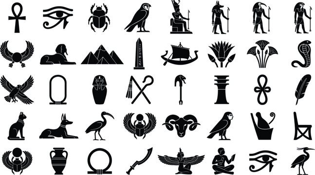 Ancient Egyptian mythology icons vector set featuring ankh cross eye of horus pyramids and sacred deity silhouettes,
