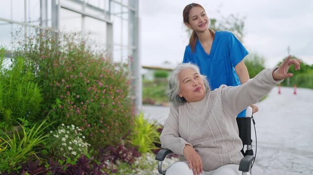 Elderly woman smiles in wheelchair. Young caregiver smiles beside her. They're outdoors near glass structure. Green bushes flank their path