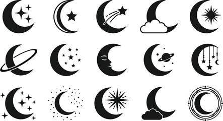 Black crescent moon icon collection featuring celestial star designs planetary rings fluffy night clouds dream symbols and astrological silhouettes, © SUFIA