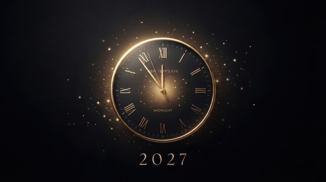 Happy New Year Elegant midnight clock face with glowing golden stars for New Year Eve countdown 2027 2027