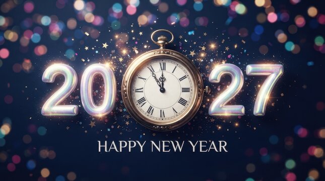 Happy New Year Golden pocket watch with 2027 lettering and festive bokeh lights for New Year celebration background 2027