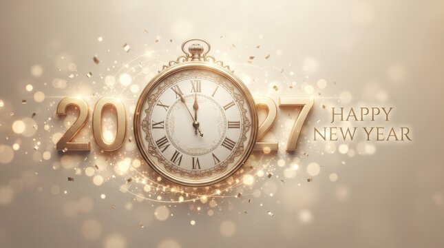 Happy New Year Golden pocket watch surrounded by light bokeh and festive 2027 text for New Year greeting card 2027