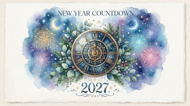 Happy New Year Watercolor illustration of antique clock with festive greenery and New Year countdown 2027 2027