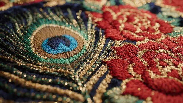 Detailed embroidery showing peacock feather and rose textile pattern