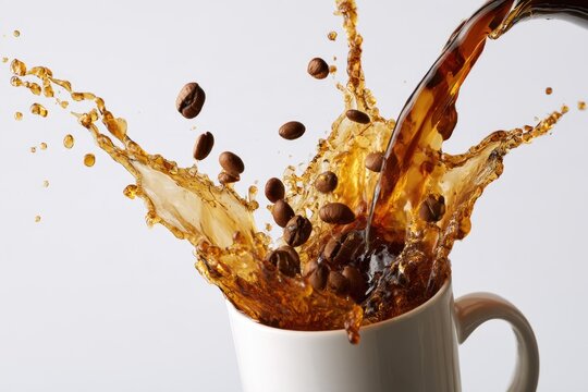 Coffee is being poured into a white mug, causing a splash with coffee beans flying in midair.