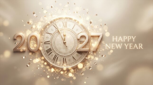 Happy New Year Golden clock and 2027 text with shimmering confetti particles on a soft golden background 2027