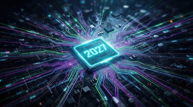 Happy New Year Advanced circuit board with glowing 2027 chip and dynamic light data streams for technology 2027