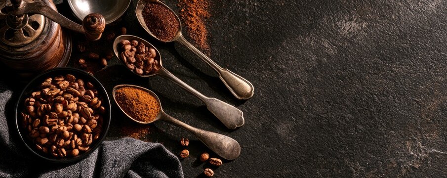 Various forms of coffee, including beans and ground powder, displayed with spoons and a grinder on a dark textured surface.