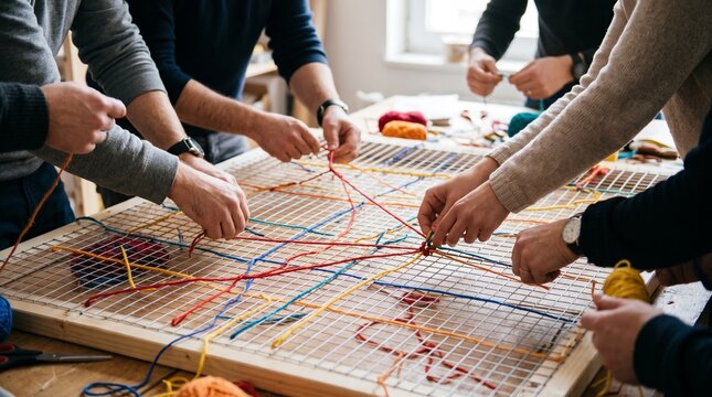 Diverse group of people collaborating on a creative weaving project with colorful yarns