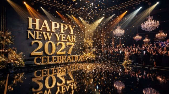 Happy New Year Happy New Year 2027 celebration event with golden confetti falling in luxury ballroom with happy crowd and sparkling stage lights 2027