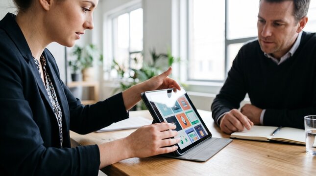 Business professionals collaborating on a tablet device during a meeting in a modern office setting