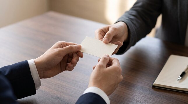 Two business people exchanging blank business cards during a meeting on a wooden table with a notebook and pen