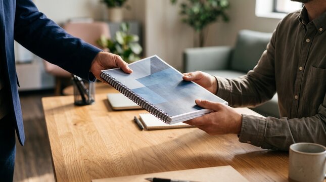 Business professional hands passing a report or document across a wooden desk in an office setting
