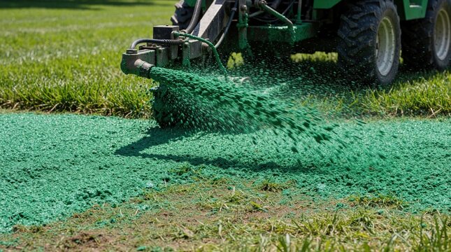 Hydroseeding machine spreads green liquid seed mixture on lawn. Landscaping equipment applies mulch slurry to ground for new grass growth. Pro worker uses hydroseeder tool to improve garden soil,