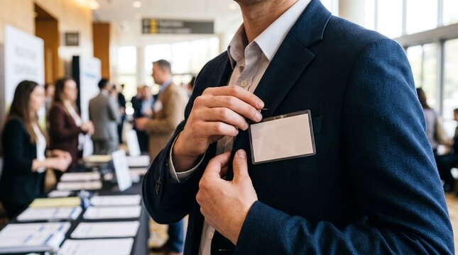 Man in Suit Adjusting Blank Name Badge at Business Conference or Networking Event