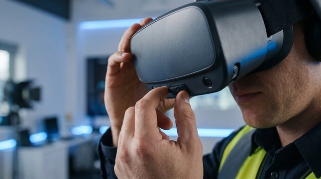 Man wearing virtual reality headset adjusting the dial in a modern office setting with blue lighting