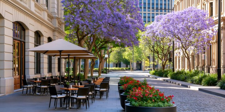 Jacaranda-lined city street with outdoor cafe in spring