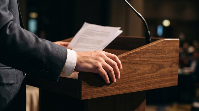 Speaker in Suit Holding Papers at Wooden Podium with Microphone