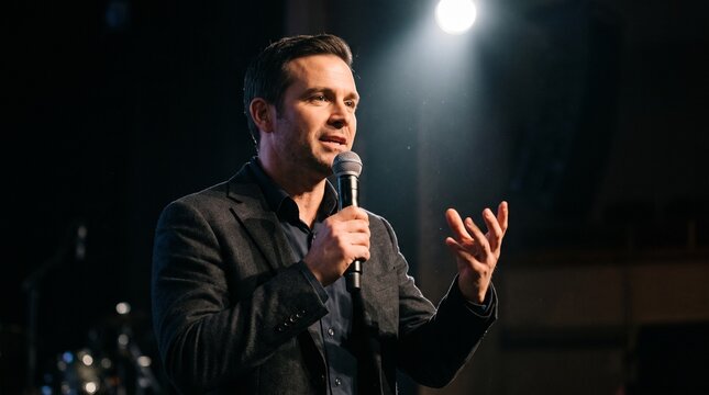Charismatic male speaker on stage holding microphone and gesturing with hand under spotlight