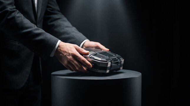 Man in Suit Presents Futuristic Device on Pedestal with Dramatic Spotlight