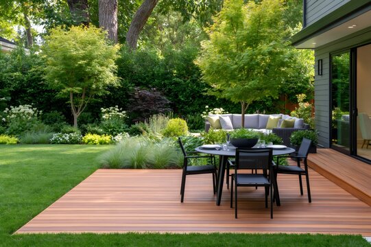 Modern backyard deck with dining furniture and landscaped garden