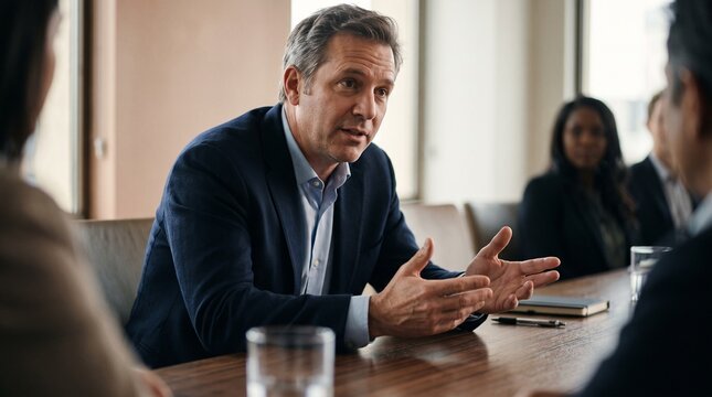 Confident businessman in a suit leading a meeting and gesturing with his hands while speaking to colleagues around a table