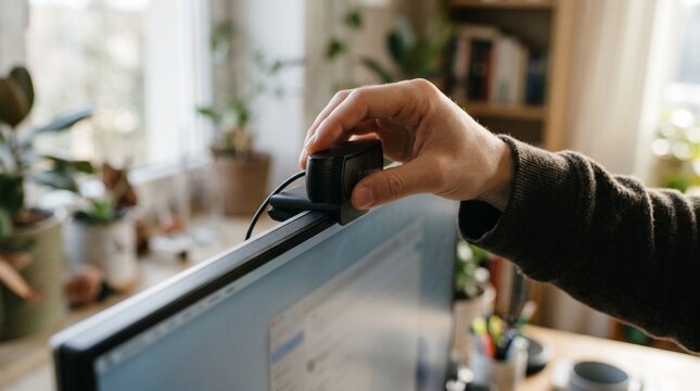Person attaching a webcam to a computer monitor in a home office setting with plants