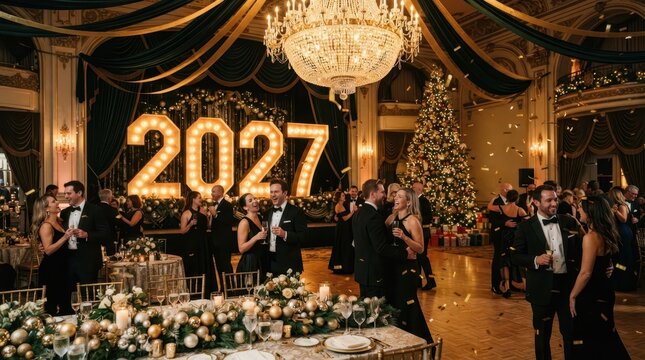 Happy New Year Happy New Year 2027 party in luxury ballroom with people toasting with champagne and massive glowing 2027 light letters 2027