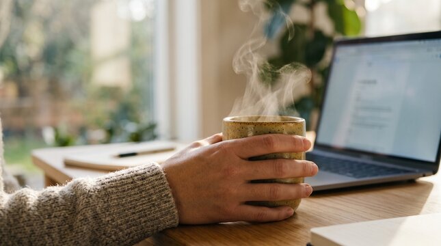Person holding a steaming mug of coffee while working on a laptop at a wooden desk near a window
