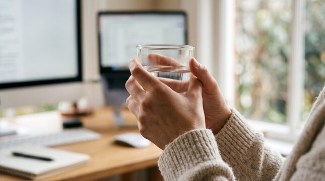 Person holding a glass of water at a desk with computer and laptop in a home office setting