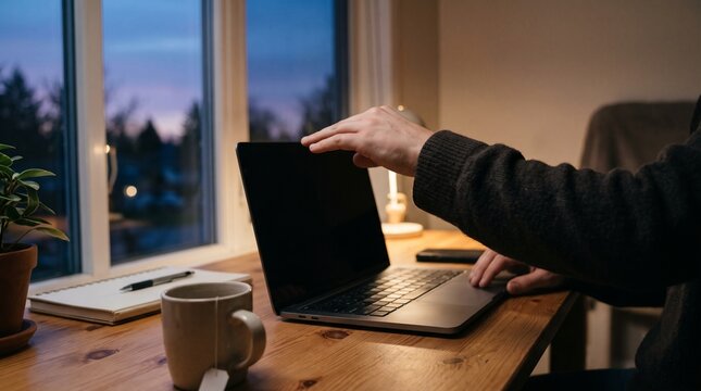 Person closing a laptop at a wooden desk next to a window at dusk with a mug and notebook